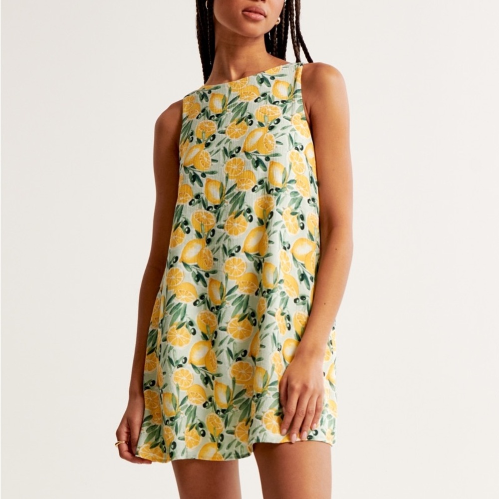 NWT Abercrombie Open-Back Mini Trapeze Dress, Lemon Print